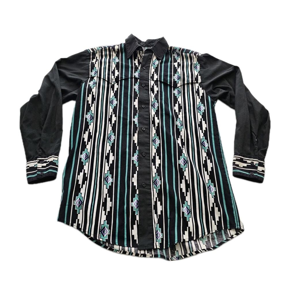 VTG Steer West Button Down Long Sleeve Aztec Shirt Made in USA Size L